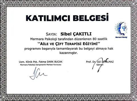 Aile ve Çift Terapisi Eğitimi belgesi