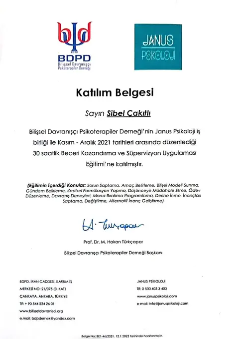 Beceri Kazandırma ve Süpervizyon Uygulaması belgesi