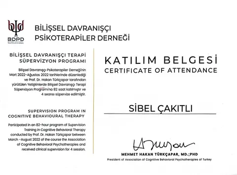 Bilişsel Davranışçı Terapi Süpervizyonu belgesi