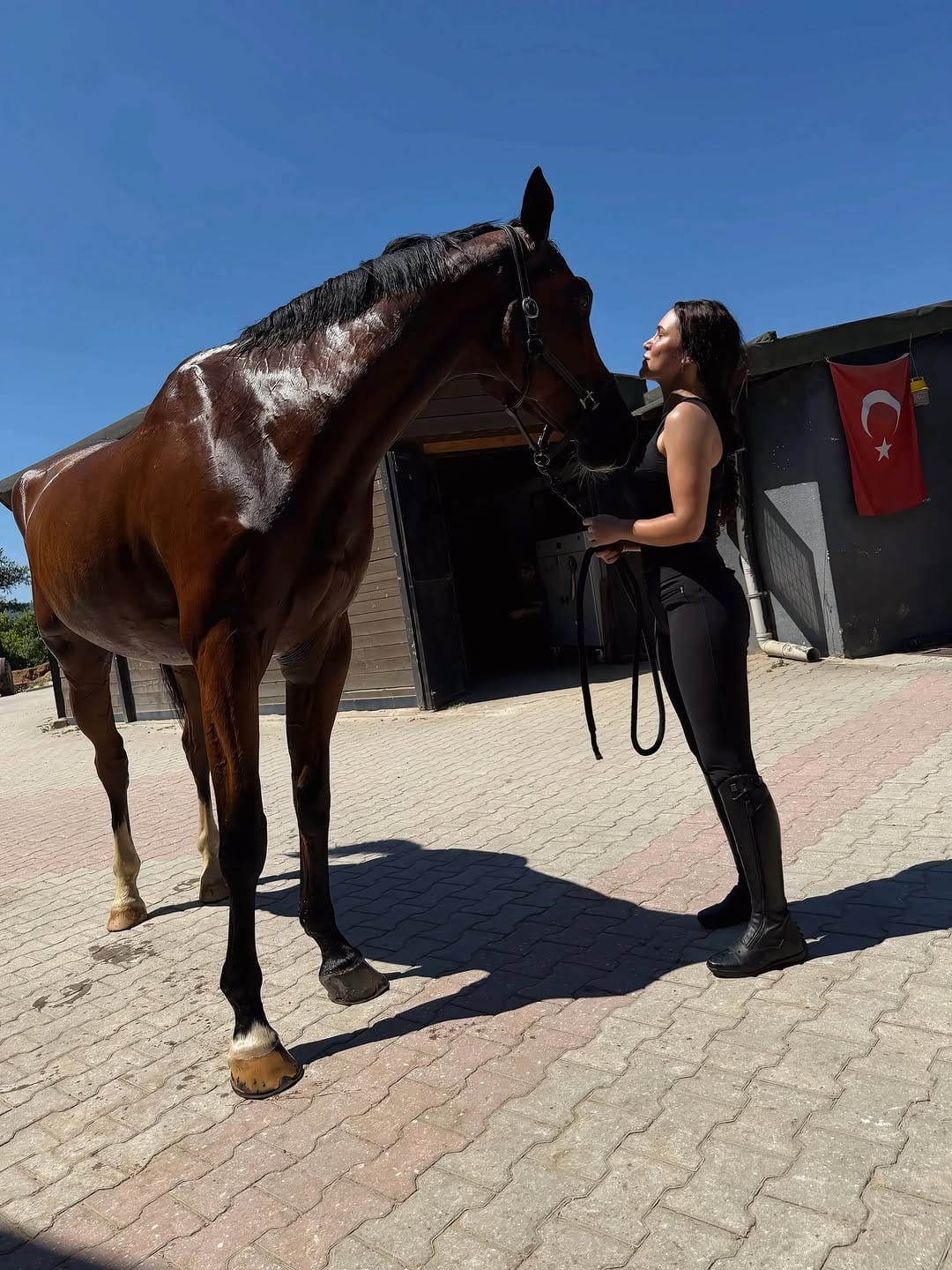 Dr. Sibel Çakıtlı, ahırın önünde atıyla